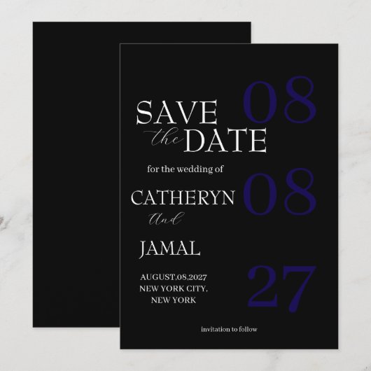 Modern Matte Black Minimalist Save The Date (Voorkant / Achterkant)