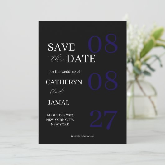 Modern Matte Black Minimalist Save The Date (Staand voorkant)