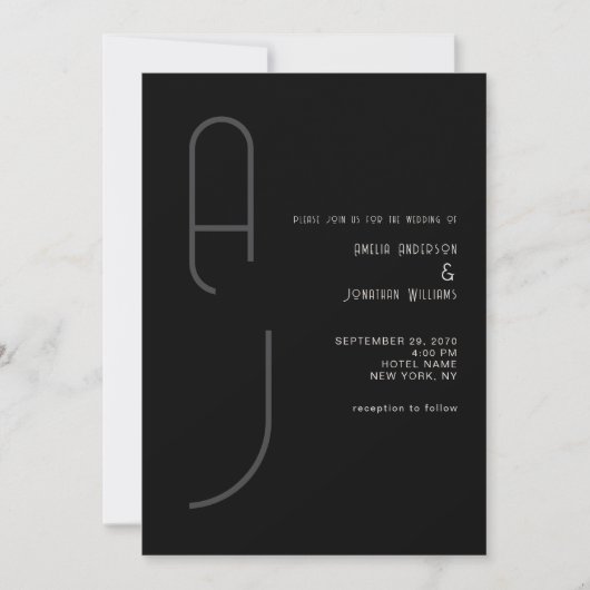 Modern Matte Monogram Minimal Wedding Black White Kaart (Voorkant)