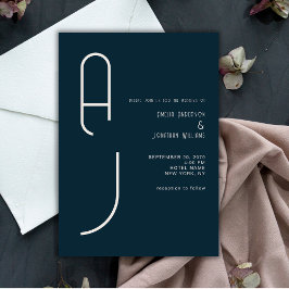 Modern Matte Monogram Minimal Wedding Navy Blue Kaart