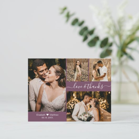 Modern Mauve 4 Photo Collage Wedding Hartelijk dan Briefkaart (Staand voorkant)