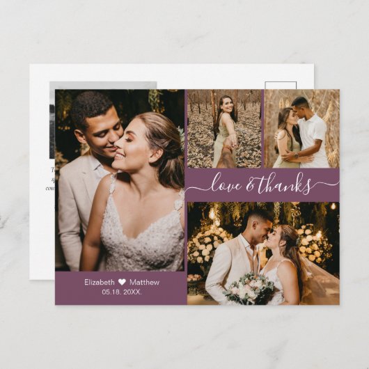 Modern Mauve 4 Photo Collage Wedding Hartelijk dan Briefkaart (Voorkant / Achterkant)