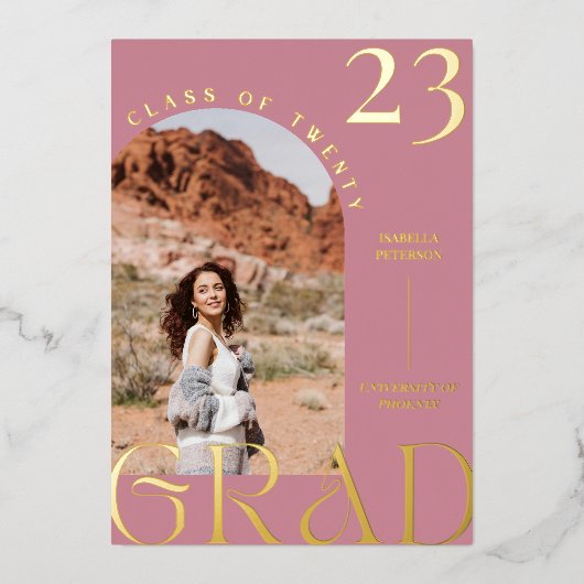 Modern Mauve Boho Chic Afstuderen Foto Folie Uitnodiging (Voorkant)