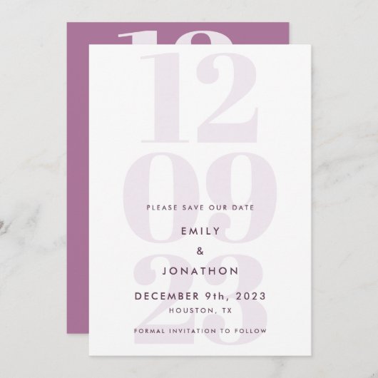 Modern Mauve Date Typografie Save The Date (Voorkant / Achterkant)
