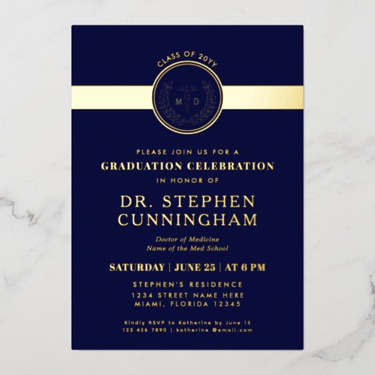 Modern MD Doctor of Medicine Med School Afstuderen Folie Uitnodiging (Voorkant)