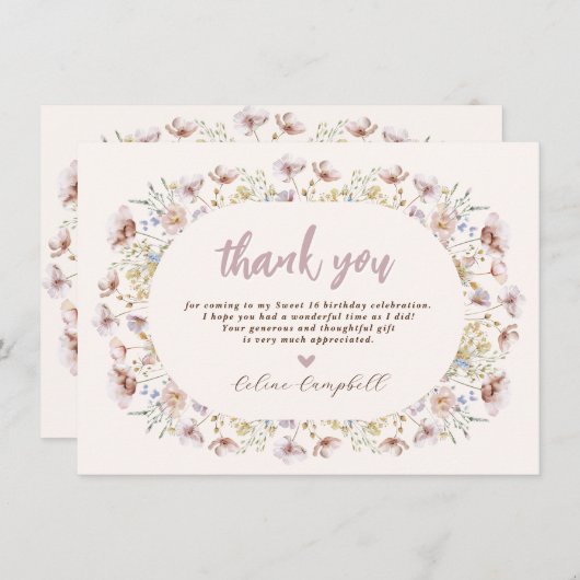 Modern Meadow Wildflower Sweet 16 Verjaardag Bedankkaart (Voorkant / Achterkant)