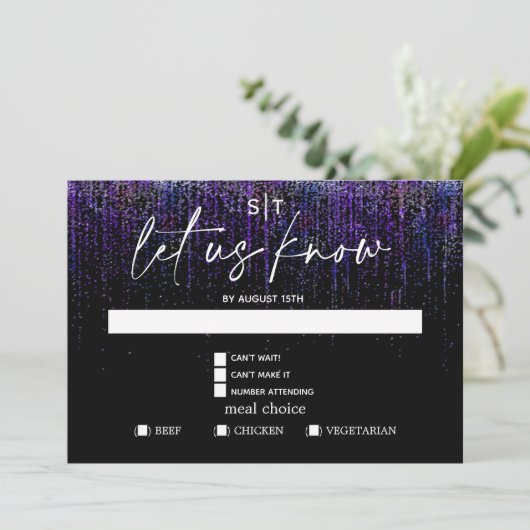 Modern Meal Choice RSVP Edgy Paarse Glitter Kaart (Staand voorkant)