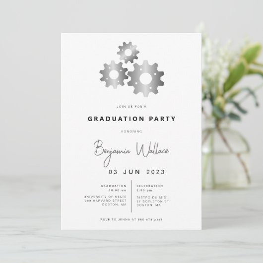 Modern Mechanical Engineer Graduation Party Invite Kaart (Staand voorkant)