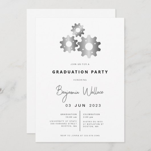 Modern Mechanical Engineer Graduation Party Invite Kaart (Voorkant / Achterkant)