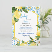 Modern mediterraan blauw en Lemons Baby shower Kaart (Staand voorkant)