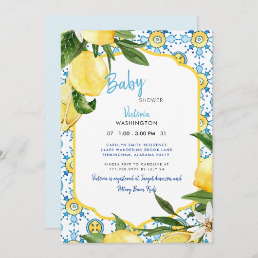 Modern mediterraan blauw en Lemons Baby shower Kaart (Voorkant / Achterkant)