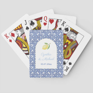 Modern Mediterraan Lemon Blue Tegel Wedding Favori Pokerkaarten