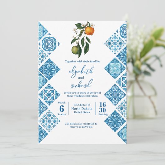 Modern Mediterraans Citroenblauw Tegels Bruiloft Kaart (Staand voorkant)