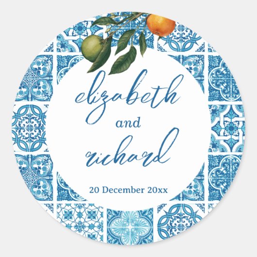 Modern Mediterraans Citroenblauw Tegels Bruiloft Ronde Sticker (Voorkant)