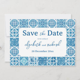 Modern Mediterraans Citroenblauw Tegels Bruiloft Save The Date