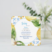 Modern Mediterranean Blue & Lemons Baby shower Inv Kaart (Staand voorkant)