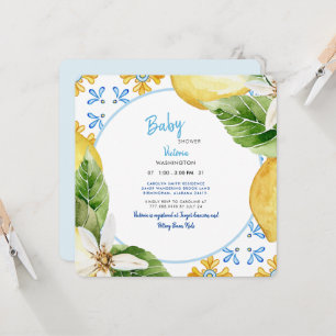 Modern Mediterranean Blue & Lemons Baby shower Inv Kaart