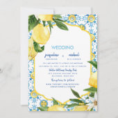 Modern Mediterranean Blue & Lemons Wedding Kaart (Voorkant)