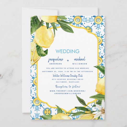 Modern Mediterranean Blue & Lemons Wedding Kaart (Voorkant)