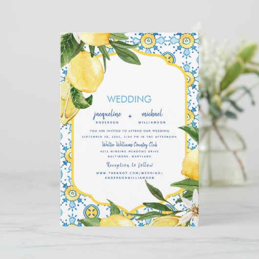 Modern Mediterranean Blue & Lemons Wedding Kaart (Staand voorkant)