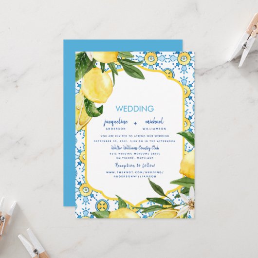 Modern Mediterranean Blue & Lemons Wedding Kaart (Voorkant / Achterkant in situ)
