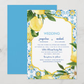 Modern Mediterranean Blue & Lemons Wedding Kaart (Voorkant / Achterkant)