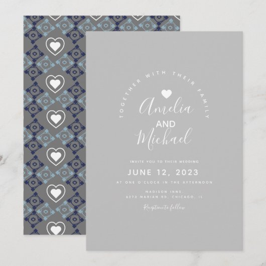 Modern Mediterranean Heart Wedding Gray Kaart (Voorkant / Achterkant)