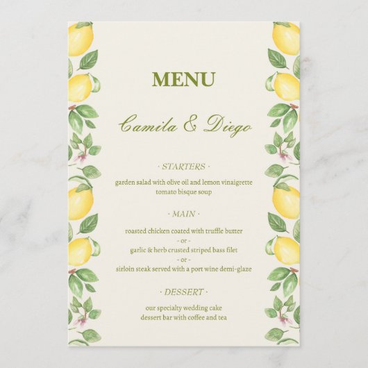 Modern Mediterranean Olive Lemon Elegant Wedding Menu (Voorkant)