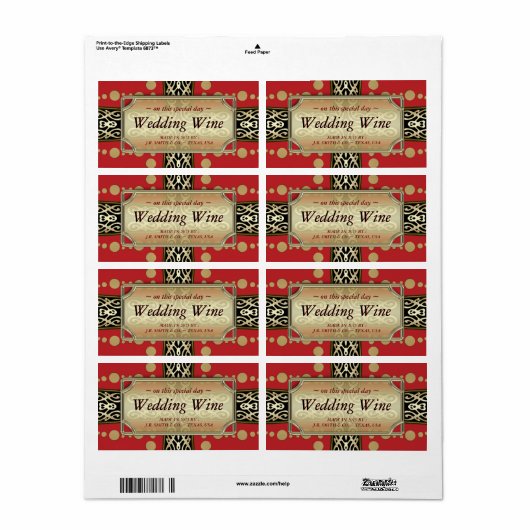 Modern medium-eval Wedding Red Gold WineLabels Etiket (Full Sheet)