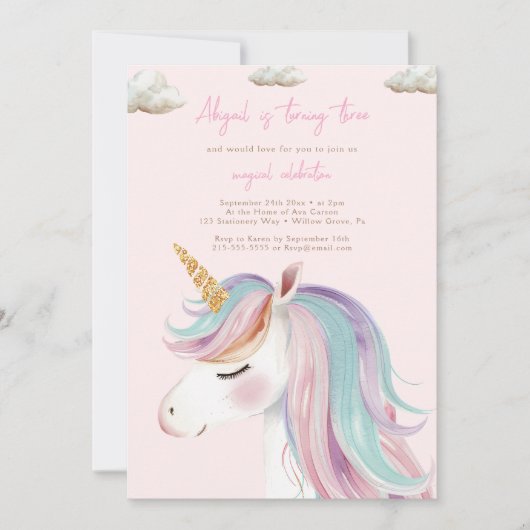 Modern meisje eenhoorn verjaardag kaart (Voorkant)