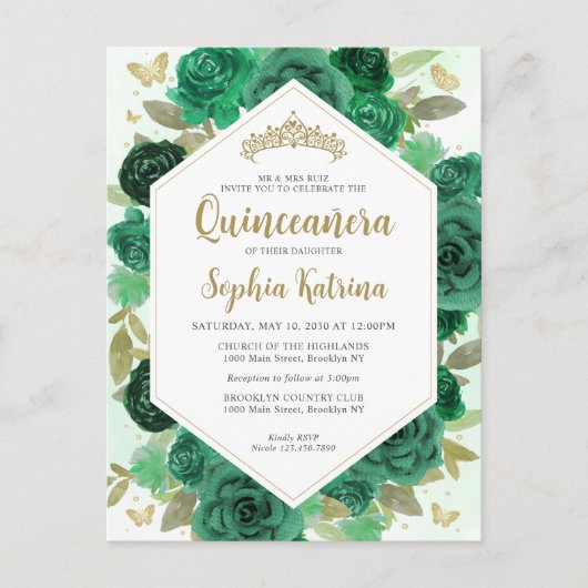 Modern Meisje Emerald Groen Bloemen Goud Quinceañe Briefkaart (Voorkant)