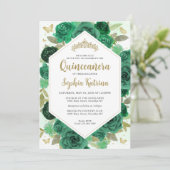 Modern Meisje Emerald Groen Bloemen Goud Quinceañe Kaart (Staand voorkant)