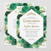 Modern Meisje Emerald Groen Bloemen Goud Quinceañe Kaart (Voorkant / Achterkant)