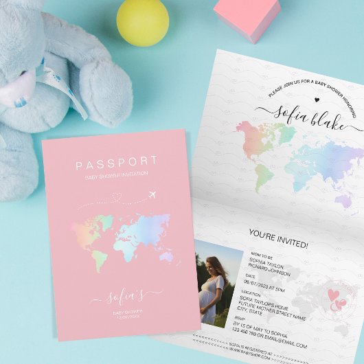 Modern Meisje Roze Passport Wereldkaart Baby showe