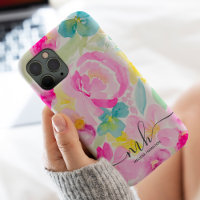 Modern meisjesroze loose floral waterverf monogram