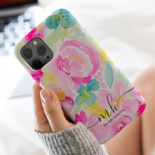 Modern meisjesroze loose floral waterverf monogram Case-Mate iPhone case