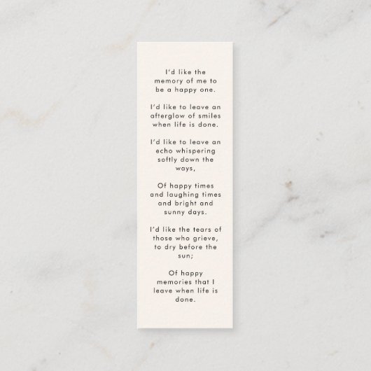 Modern Memorial | Funeral Poem Mini Bladwijzer Kaa Mini Visitekaartje (Achterkant)