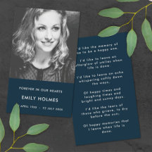 Modern Memorial | Navy Blue Funeral Poem Kaart