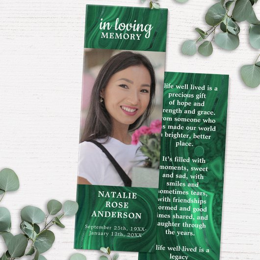 Modern Memorial Poem Emerald Funeral Bladwijzer Mini Visitekaartjes
