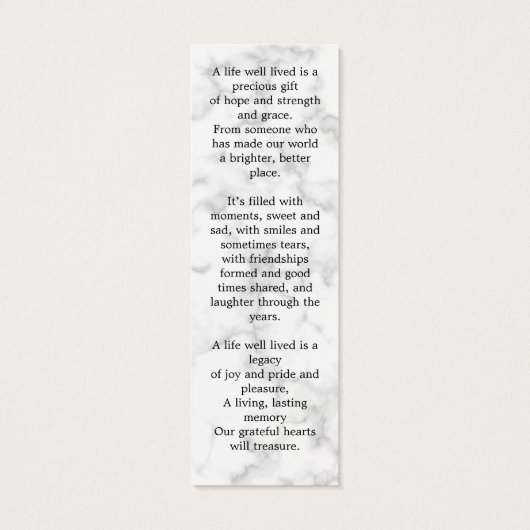 Modern Memorial Poem Marble Funeral Bladwijzer Mini Visitekaartjes (Achterkant)