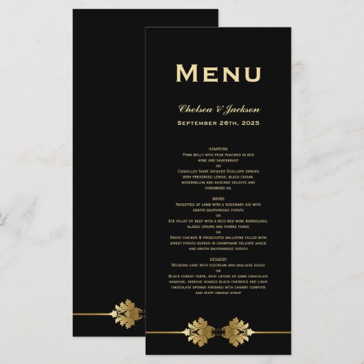 Modern menu voor formeel zwart gouden bruiloft (Voorkant / Achterkant)