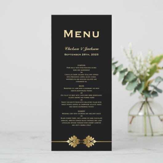 Modern menu voor formeel zwart gouden bruiloft (Staand voorkant)