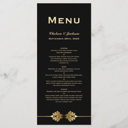 Modern menu voor formeel zwart gouden bruiloft (Voorkant)