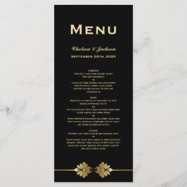 Modern menu voor formeel zwart gouden bruiloft