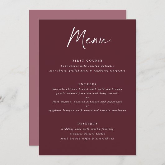 Modern Merlot Burgundy Handwriting Wedding Menu (Voorkant / Achterkant)