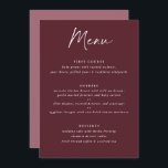Modern Merlot Burgundy Handwriting Wedding Menu<br><div class="desc">Merlot / Bourgogne / Wine Wedding Menu: dit moderne trouwmenu bevat handteksten op een merlot-achtergrond aan de voorkant met de foto van het paar en bedankt je bericht aan de achterkant. Het is het perfecte dubbelzijdige trouwmenu om als menu en cadeau te dienen.</div>