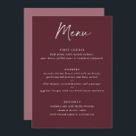 Modern Merlot Burgundy Handwriting Wedding Menu<br><div class="desc">Merlot / Bourgogne / Wine Wedding Menu: dit moderne trouwmenu bevat handteksten op een merlot-achtergrond aan de voorkant met de foto van het paar en bedankt je bericht aan de achterkant. Het is het perfecte dubbelzijdige trouwmenu om als menu en cadeau te dienen.</div>