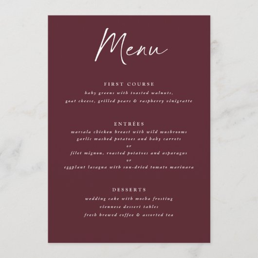 Modern Merlot Burgundy Handwriting Wedding Menu (Voorkant)