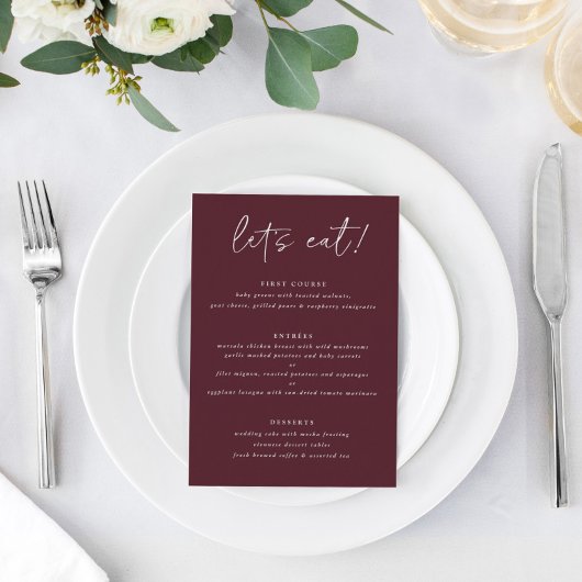 Modern Merlot Trouwmenu met Bedankt op Achterkant Menu