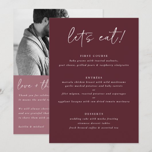 Modern Merlot Trouwmenu met Foto Achterkant Menu (Voorkant / Achterkant)